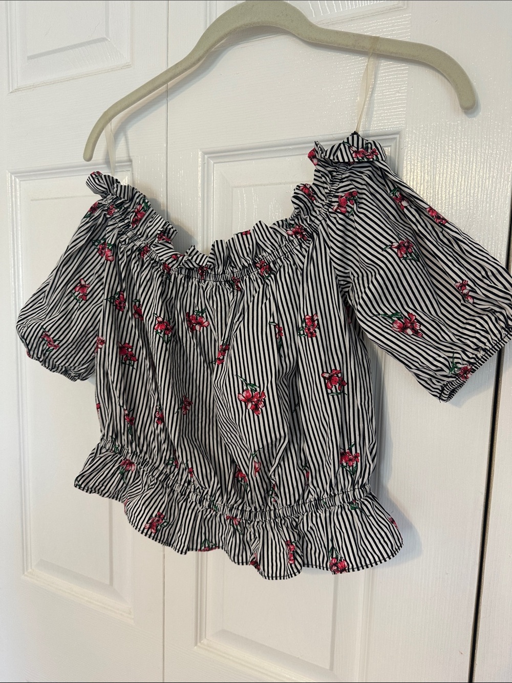 Soprano Black & White Striped Off-Shoulder Crop Top with Pink Floral Print